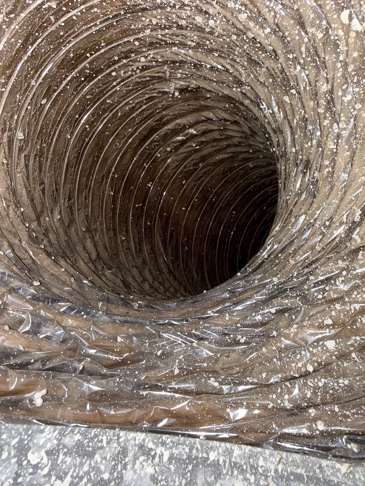 Inspection photo: debris along the interior of a flexible dryer vent path