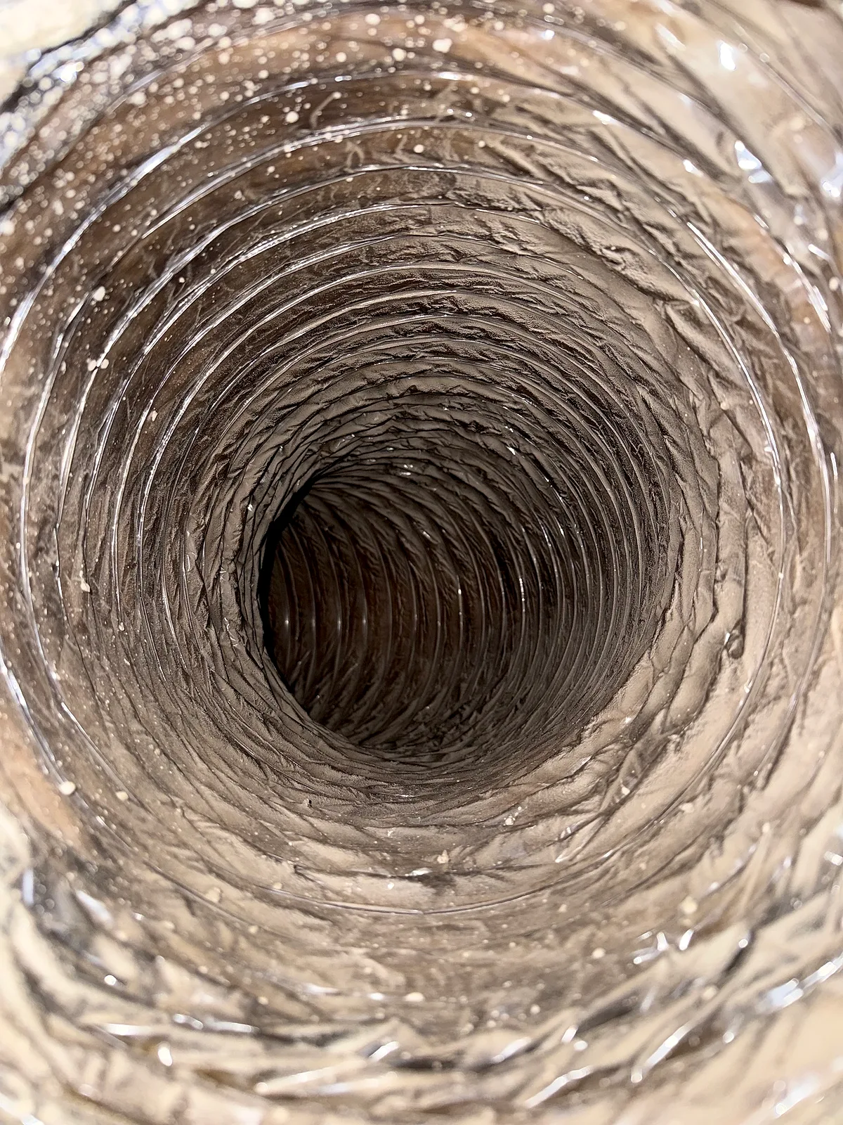Inspection photo: lint and debris inside a flexible dryer vent path